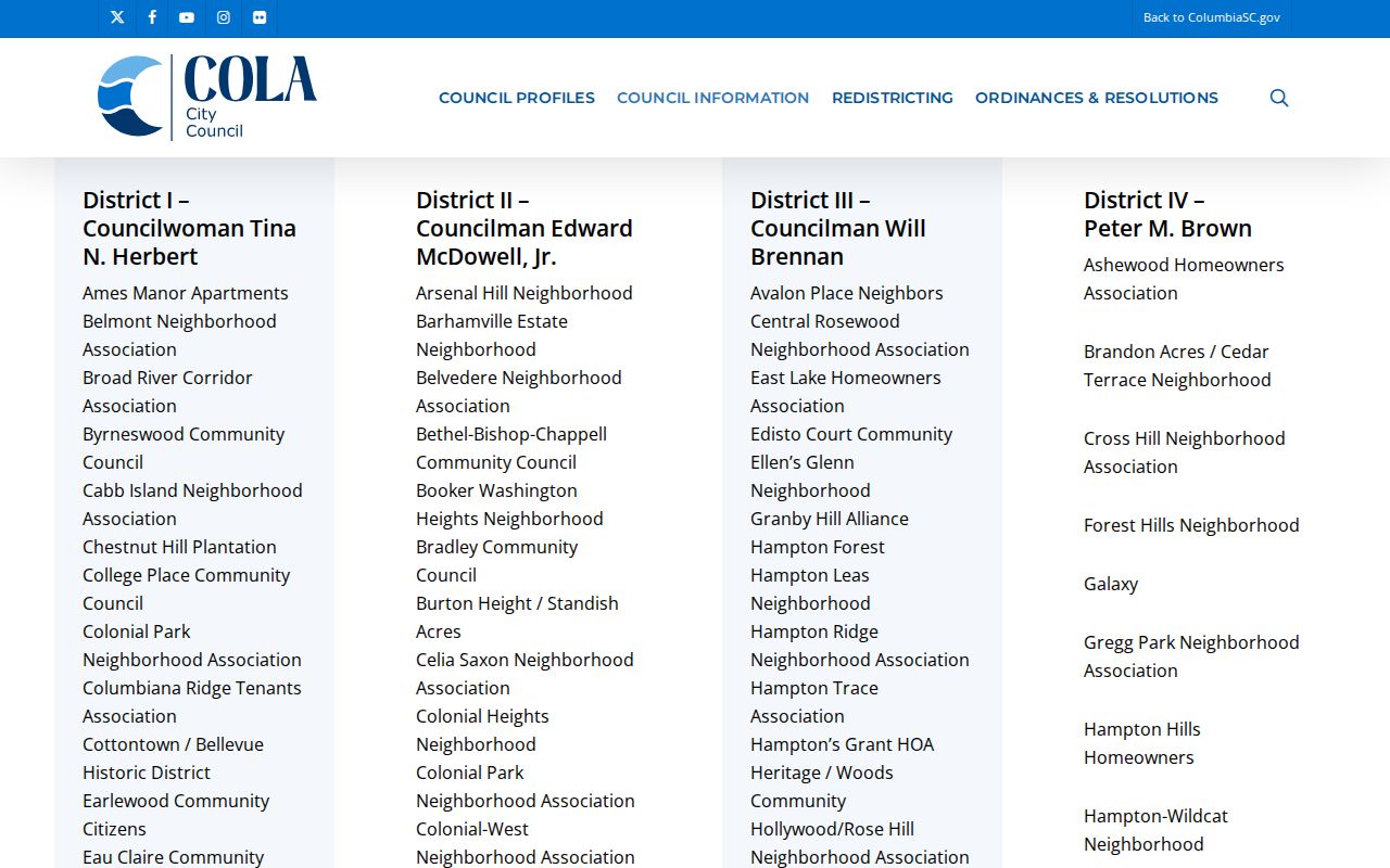 South Carolina neighbors: official Columbia council district neighborhood association listings