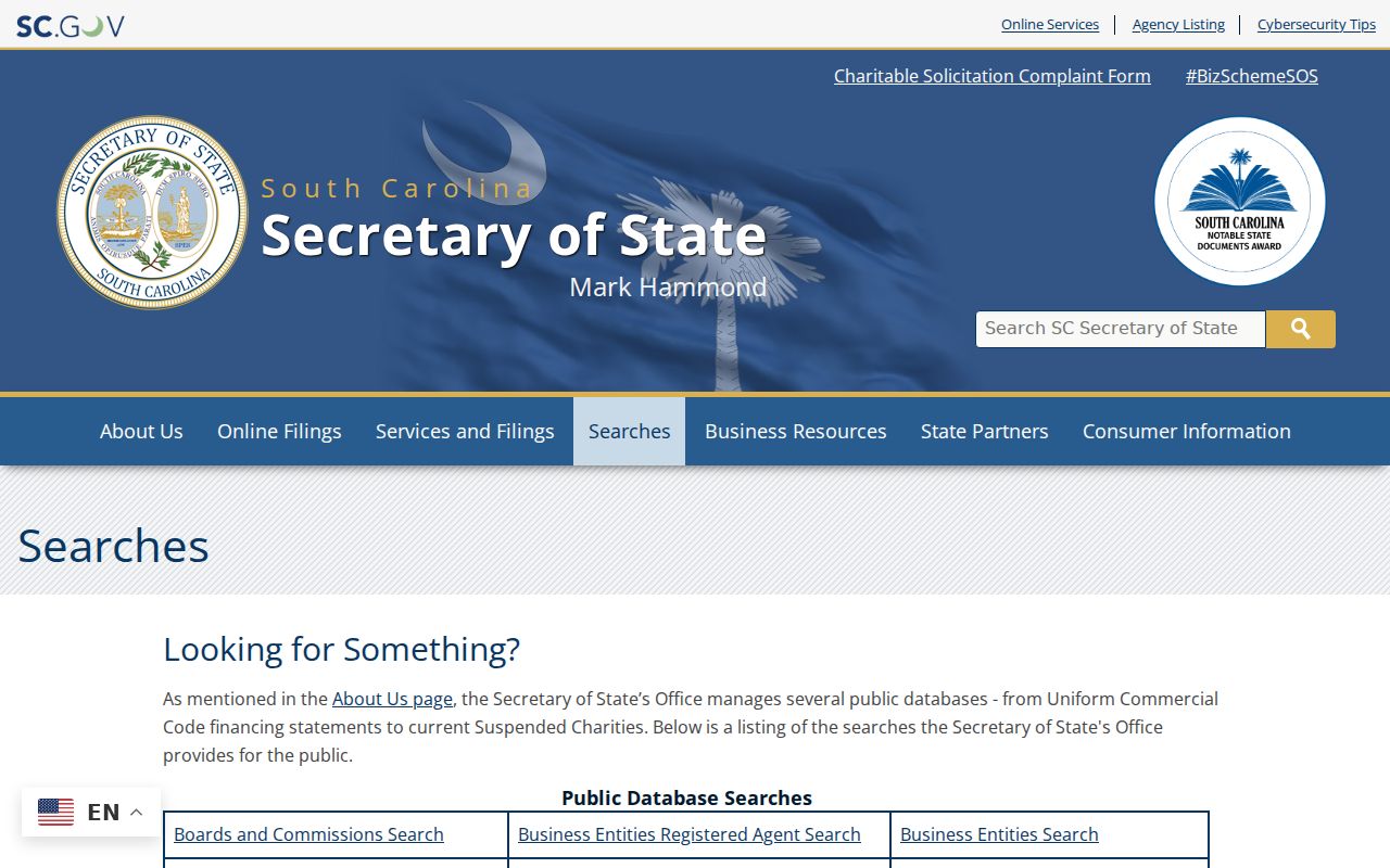 South Carolina resident lookup: Secretary of State business and registered-agent search options