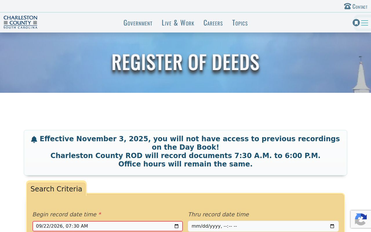South Carolina previous residents: Charleston deed Day Book search fields