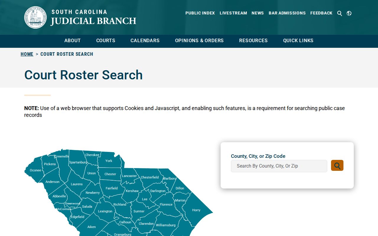 South Carolina resident lookup: statewide court roster county, city or ZIP field